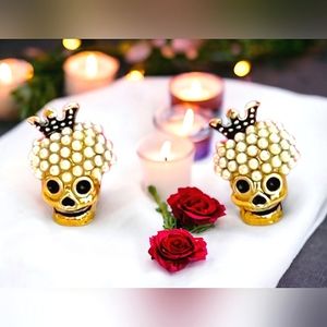 Gold plated pearl crowned skull earrings With silver post for sensitive ears